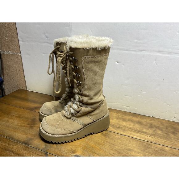 VTG Report Camel Suede Boots Fur Trim Luscious Kawaii Scene Chunky Platform 6.5 - Picture 1 of 13